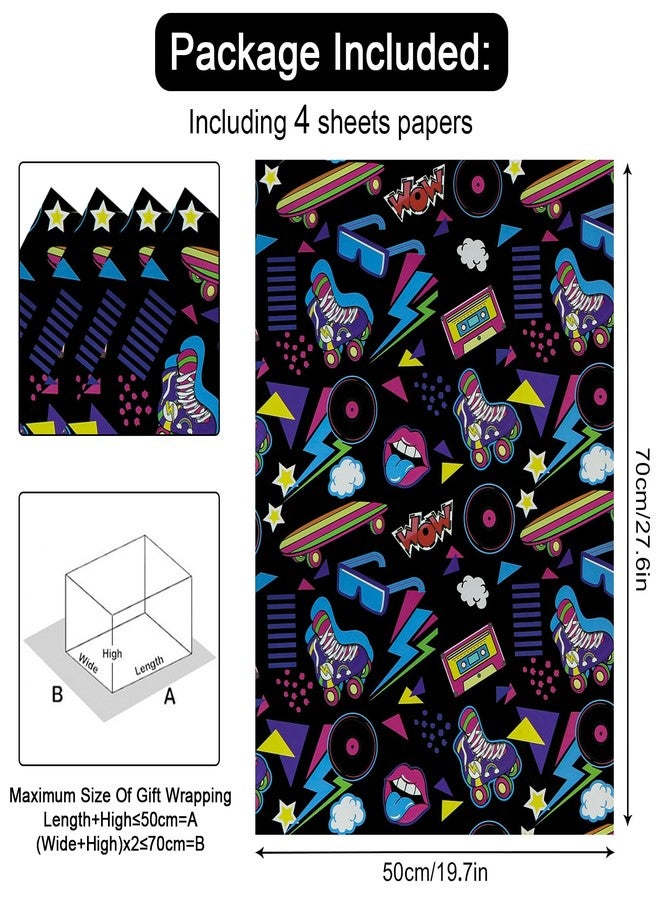 Geluode 80s 90s Wrapping Paper for Boy Girl Kids, Hip-Hop Graffiti Electronic Music Birthday Wrapping Paper, 4 Sheets Folded Flat 28x20 inch Gift Paper for 90s 80s Neon Retro Birthday Party Black Light Party - Image 2